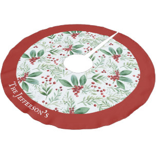 Falda Para El Árbol De Navidad De Poliéster Navidad Acebo Rojo y Blanco Apellido