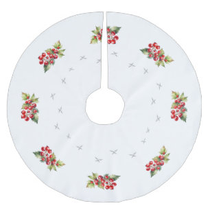 Falda Para El Árbol De Navidad De Poliéster Navidad Blanca Elegante con Bayas Rojas y Estrella