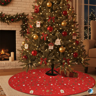 Falda Para El Árbol De Navidad De Poliéster Navidad Ilustrativa Beige Rojo