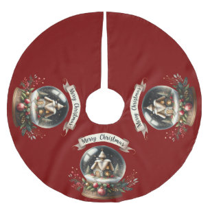 Falda Para El Árbol De Navidad De Poliéster Navidades acogedores Escena de la cabaña de glóbul