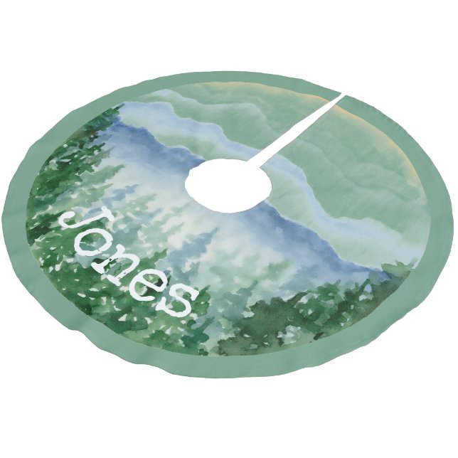 Falda Para El Árbol De Navidad De Poliéster Navidades acuarelas Pines Monograma Nombre (Angular)