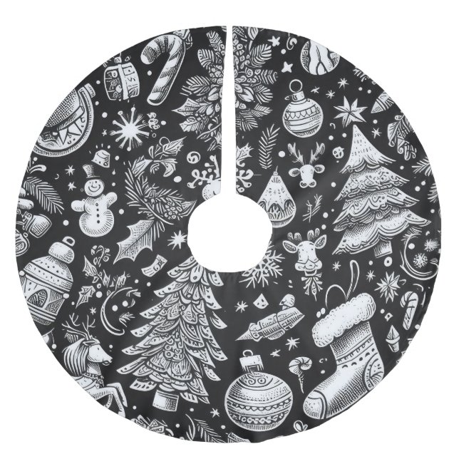 Falda Para El Árbol De Navidad De Poliéster Navidades de dibujo de bollo blanco negro Motif Ho (Anverso)