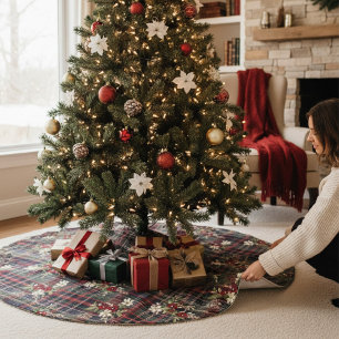 Falda Para El Árbol De Navidad De Poliéster Navidades de Festejos Florales en Tartán Verde Roj