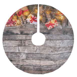 Falda Para El Árbol De Navidad De Poliéster Navidades de fondo rústico, tablas de madera.