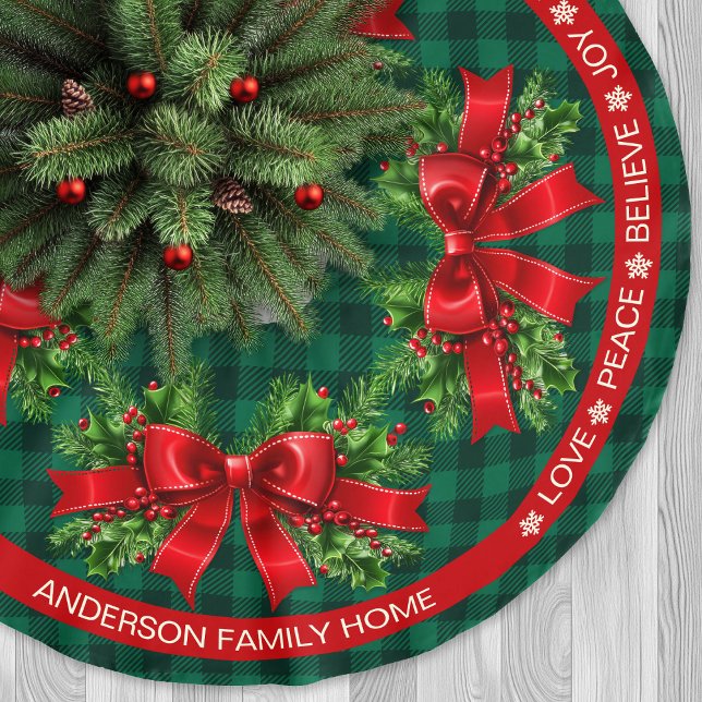 Falda Para El Árbol De Navidad De Poliéster Navidades de Green Plaid Ribbon Holly (Green Plaid Ribbon Holly Festive Words Christmas Brushed Polyester Tree Skirt)