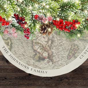 Falda Para El Árbol De Navidad De Poliéster Navidades de la familia de Mapa de Vintage