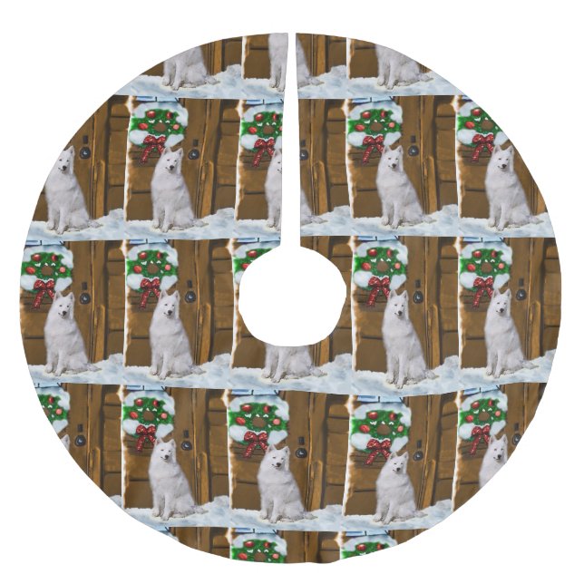 Falda Para El Árbol De Navidad De Poliéster Navidades de Samoyed (Anverso)
