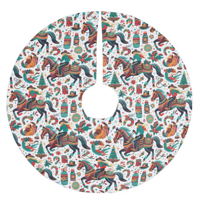 Falda Para El Árbol De Navidad De Poliéster Navidades divertidos de caballos occidentales verd (Anverso)