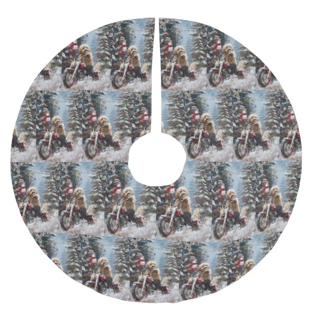 Falda Para El Árbol De Navidad De Poliéster Navidades en motocicleta Goldendoodle Dog Riding (Anverso)