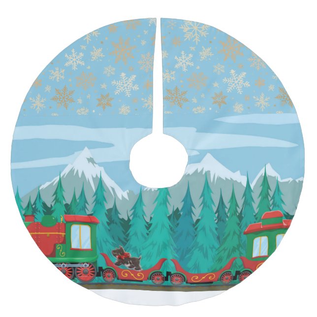 Falda Para El Árbol De Navidad De Poliéster Navidades Entrenan y Perro Pequeño (Anverso)