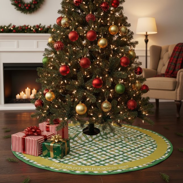 Falda Para El Árbol De Navidad De Poliéster Navidades Gold Green Plaid (Gold Green Plaid Monogram Christmas Tree Skirt)