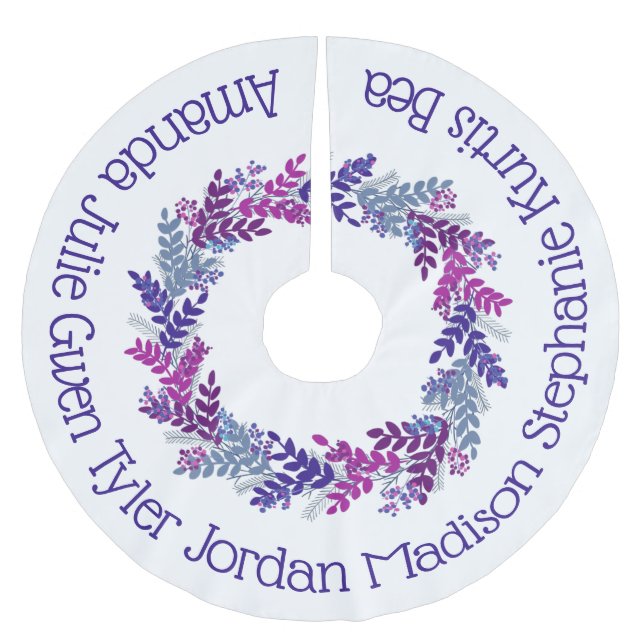 Falda Para El Árbol De Navidad De Poliéster Navidades púrpuras guían nombres de familia (Anverso)