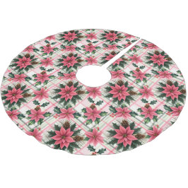 Falda Para El Árbol De Navidad De Poliéster Navidades Retro Rosado Plaid Floral Feliz Navidad