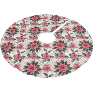 Falda Para El Árbol De Navidad De Poliéster Navidades Retro Rosado Plaid Floral Feliz Navidad