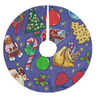 Falda Para El Árbol De Navidad De Poliéster Navidades retro Vintage color azul rojo verde