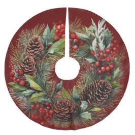 Falda Para El Árbol De Navidad De Poliéster Navidades Wreath Red Berries Pine Cones Holly