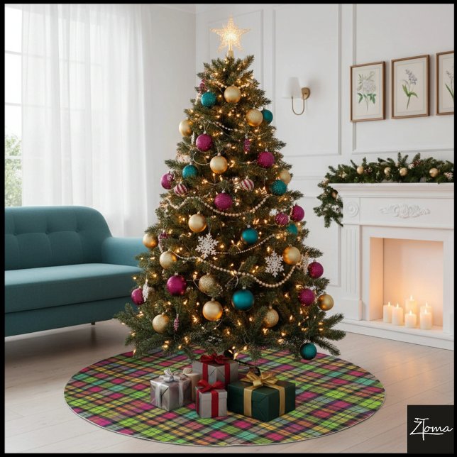 Falda Para El Árbol De Navidad De Poliéster Neon Green Pink Plaid Cyberpunk Tartan (Subido por el creador)