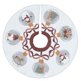 Falda Para El Árbol De Navidad De Poliéster Nieve con muñeco de nieve, elfo, campanas, ciervo