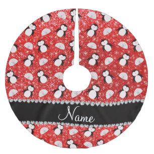 Falda Para El Árbol De Navidad De Poliéster Nombre personalizado neón rojo purpurina pingüinos