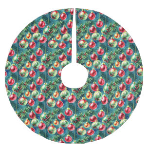 Falda Para El Árbol De Navidad De Poliéster Ornamentos navideños acuarelas, verde rojo y Verde