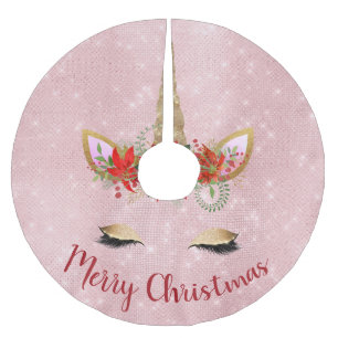Falda Para El Árbol De Navidad De Poliéster Oro Rosa - Rubor Pink Merry Christmas Unicorn
