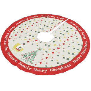 Falda Para El Árbol De Navidad De Poliéster Oso de peluche blanco lindo y árbol de pino Feliz