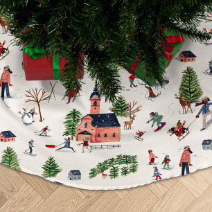 Falda Para El Árbol De Navidad De Poliéster paisaje de esquí de deportes de invierno estampado