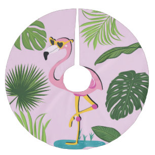 Falda Para El Árbol De Navidad De Poliéster Palm Flamingo deja diseño tropical