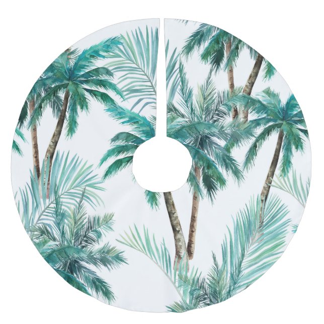 Falda Para El Árbol De Navidad De Poliéster Palm tropical: Patrón de jungla acuarela. (Anverso)