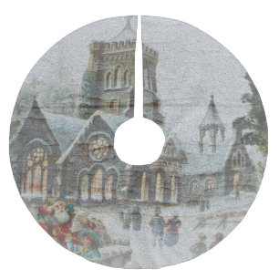 Falda Para El Árbol De Navidad De Poliéster Papá Noel de antaño con niños frente a una iglesia