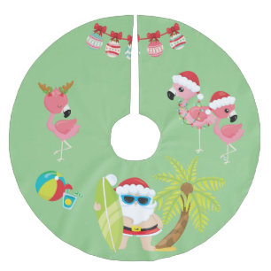 Falda Para El Árbol De Navidad De Poliéster Papá Noel de Playa Tropical y Flamencos