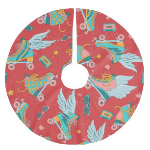 Falda Para El Árbol De Navidad De Poliéster Patines Retro Roller: Fondo Rojo Brillante