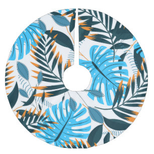 Falda Para El Árbol De Navidad De Poliéster Patrón blanco brillante de hojas tropicales