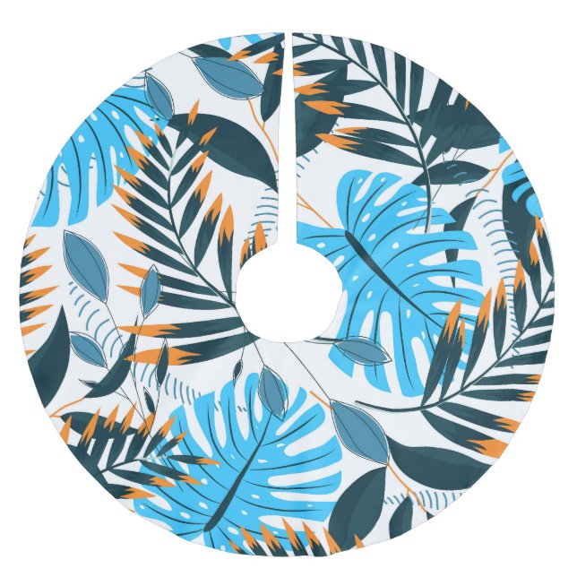 Falda Para El Árbol De Navidad De Poliéster Patrón blanco brillante de hojas tropicales (Anverso)