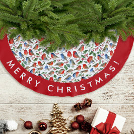 Falda Para El Árbol De Navidad De Poliéster Patrón de Acuarela Navideña Blanco Rojo Retro Robi