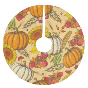 Falda Para El Árbol De Navidad De Poliéster Patrón de calabaza y hojas de arce.