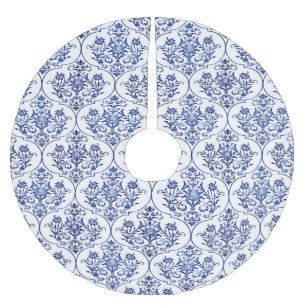 Falda Para El Árbol De Navidad De Poliéster Patrón de Damasco brillante - azul