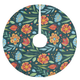 Falda Para El Árbol De Navidad De Poliéster Patrón de flor de color de agua iluminado por mano