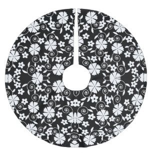 Falda Para El Árbol De Navidad De Poliéster Patrón de flores blancas negras lindas