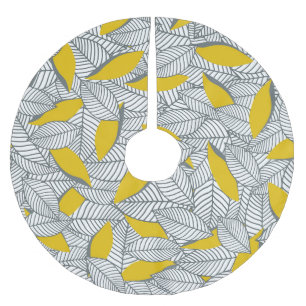 Falda Para El Árbol De Navidad De Poliéster Patrón de hoja gris y amarillo.
