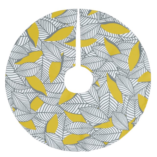 Falda Para El Árbol De Navidad De Poliéster Patrón de hoja gris y amarillo. (Anverso)