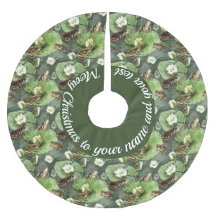 Falda Para El Árbol De Navidad De Poliéster Patrón de lirios de agua verde y blanca de ranas