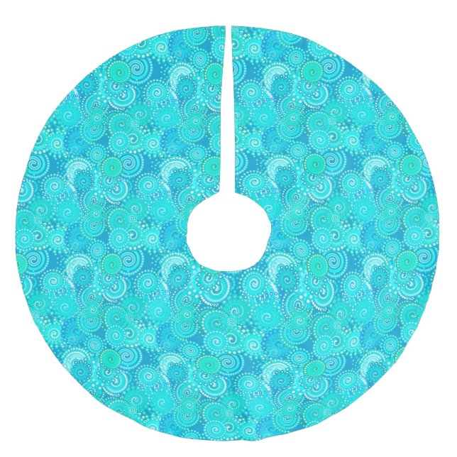Falda Para El Árbol De Navidad De Poliéster Patrón de remolino fractal, tonos turquesa (Anverso)