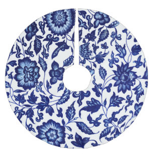 Falda Para El Árbol De Navidad De Poliéster Patrón floral azul marino oscuro chino sobre blanc
