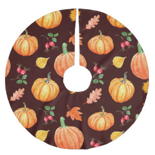 Falda Para El Árbol De Navidad De Poliéster Patrón floral de calabaza otoñal de color de agua