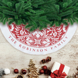 Falda Para El Árbol De Navidad De Poliéster Patrón Floral de Navidad Rojo y Blanco con Estilo