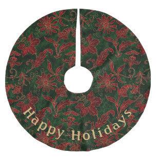 Falda Para El Árbol De Navidad De Poliéster Patrón floral rojo verde moderno con mensaje perso