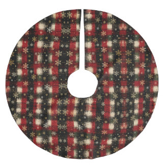 Falda Para El Árbol De Navidad De Poliéster Patrón moderno de plaid con copos de nieve desgast