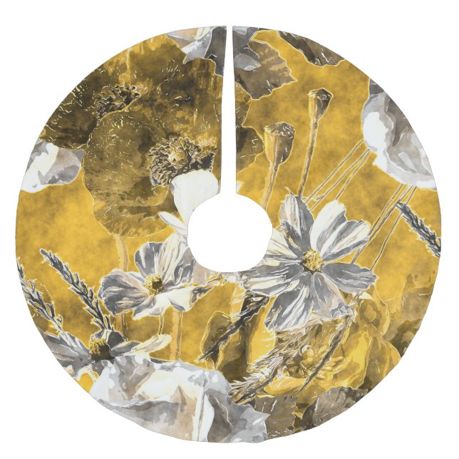 Falda Para El Árbol De Navidad De Poliéster Patrón Monocromo de acuarela floral (Anverso)