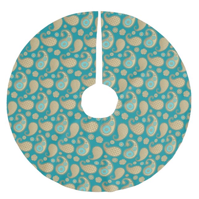 Falda Para El Árbol De Navidad De Poliéster Patrón paisley, oro suave sobre turquesa (Anverso)